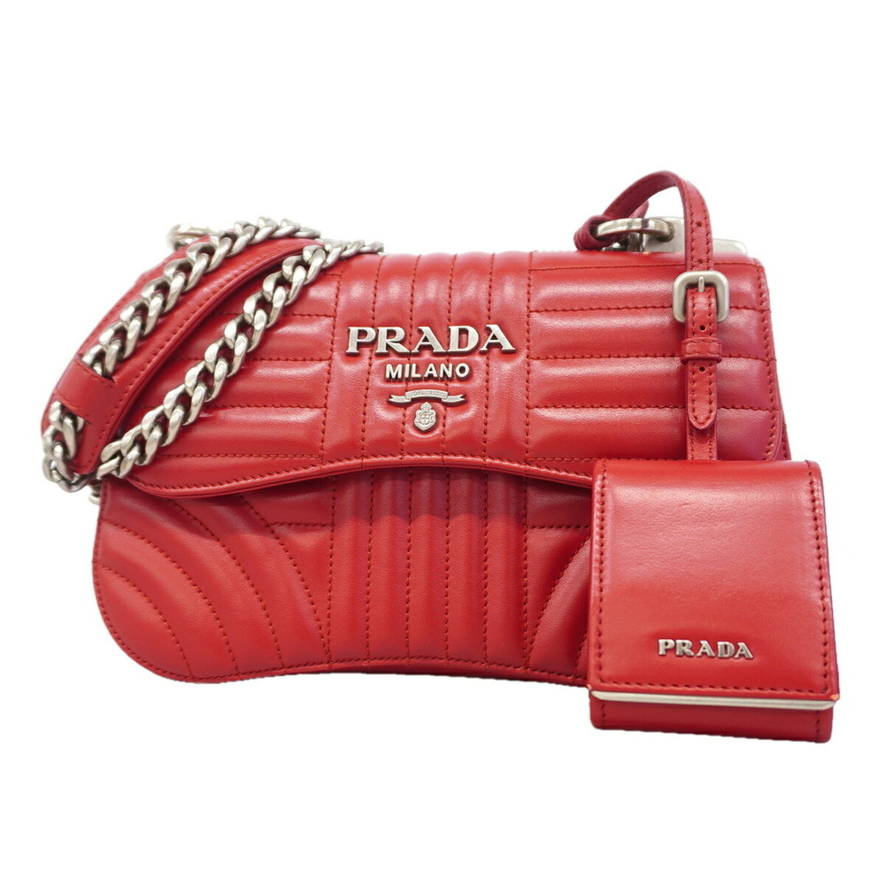 Prada Shoulder Bag Time Lag Leather Red Women's